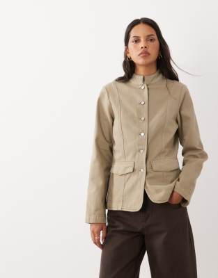 Asos Design Denim Collar Detail Jacket In Neutral