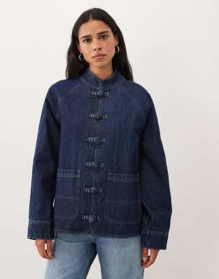 Asos Design Denim Collar Detail Jacket With Trims In Blue