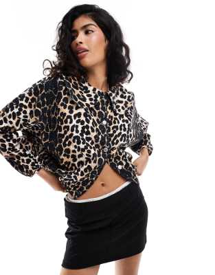 Asos Design Denim Collar Jacket In Leopard Print-Multi