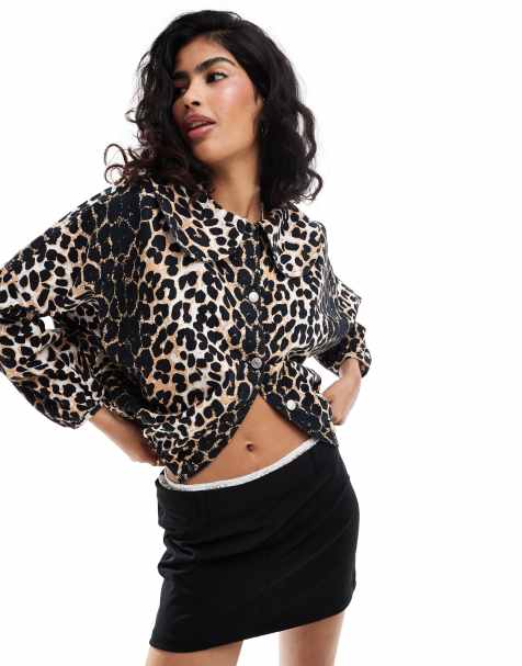 ASOS DESIGN denim collar jacket in leopard print - view 1