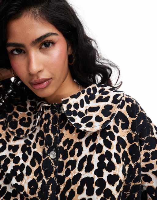 ASOS DESIGN denim collar jacket in leopard print
