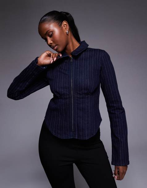 ASOS DESIGN denim collar shirt with double ended zip co-ord in pinstripe - view 1