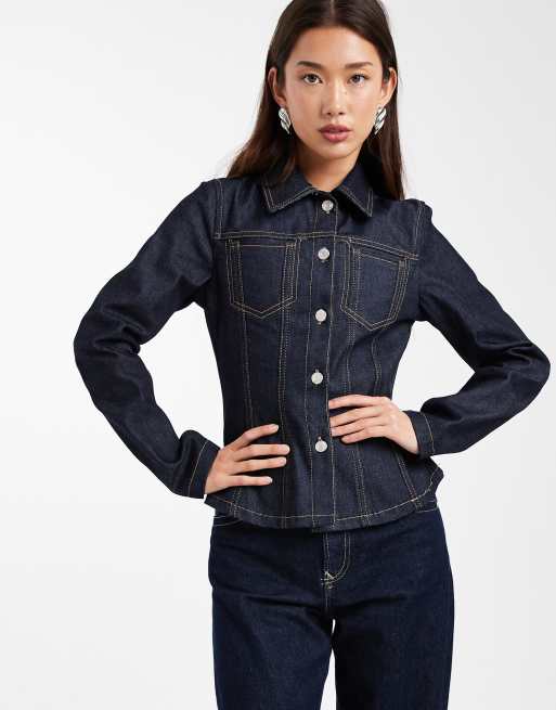ASOS DESIGN denim collar shirt with seam and pocket detail in inky