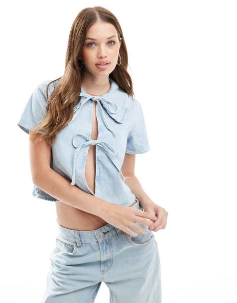 ASOS DESIGN denim collar top in mid blue - view 1
