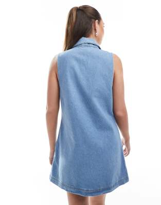 Asos Design Denim Collared Sleeveless Mini Dress In Blue