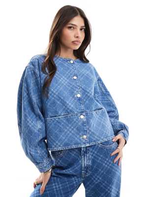 Asos Design Denim Collarless Jacket In Check Print-Blue