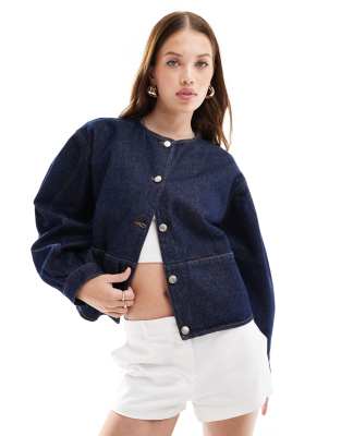 denim collarless jacket in indigo-Blue