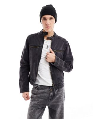 Asos Design Denim Collarless Jacket With Panels In Washed Black