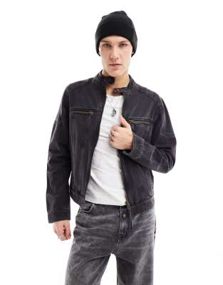 Asos Design Denim Collarless Jacket With Panels In Washed Black