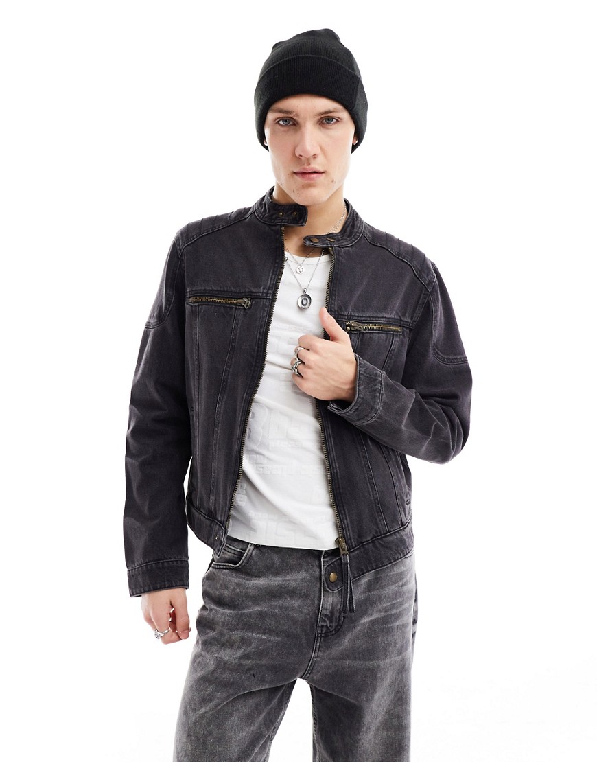 ASOS DESIGN denim collarless jacket with panels in washed black