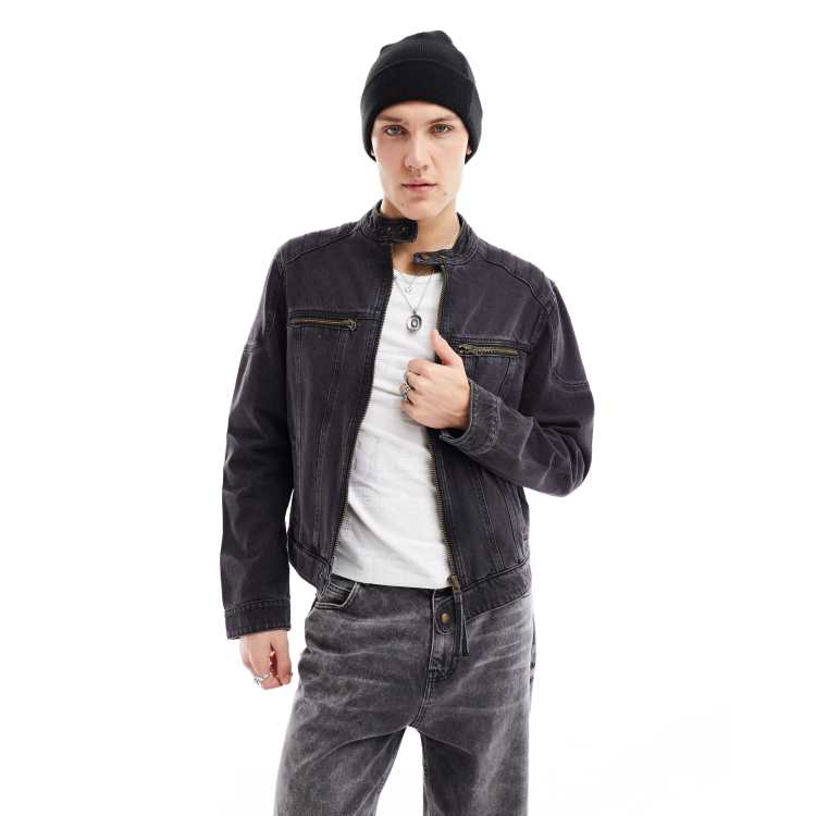 Collarless jean hot sale jacket mens