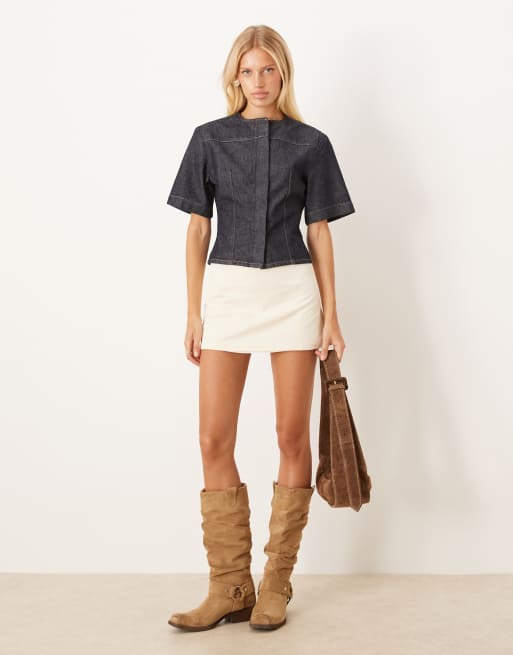 ASOS DESIGN denim collarless short sleeve top in indigo, 2 of 4
