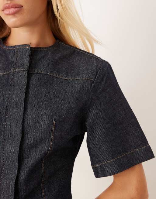 ASOS DESIGN denim collarless short sleeve top in indigo, 3 of 4