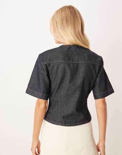 ASOS DESIGN denim collarless short sleeve top in indigo, 4 of 4