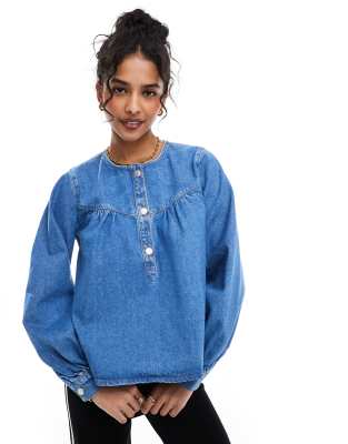 denim collarless top in mid blue-Brown