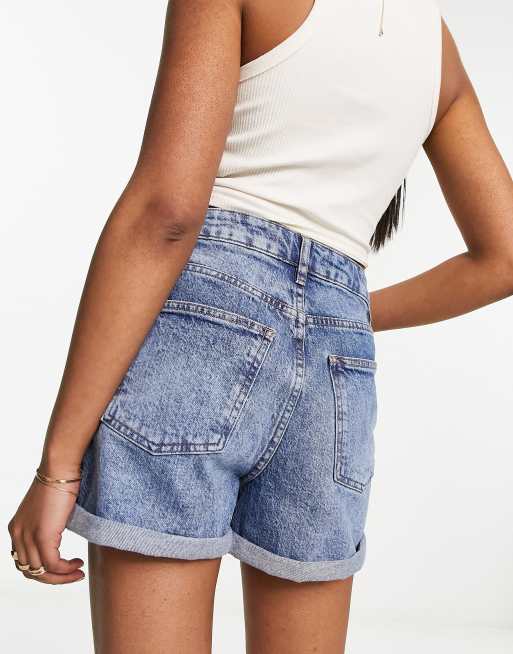 ASOS DESIGN denim comfort mom shorts in midwash blue