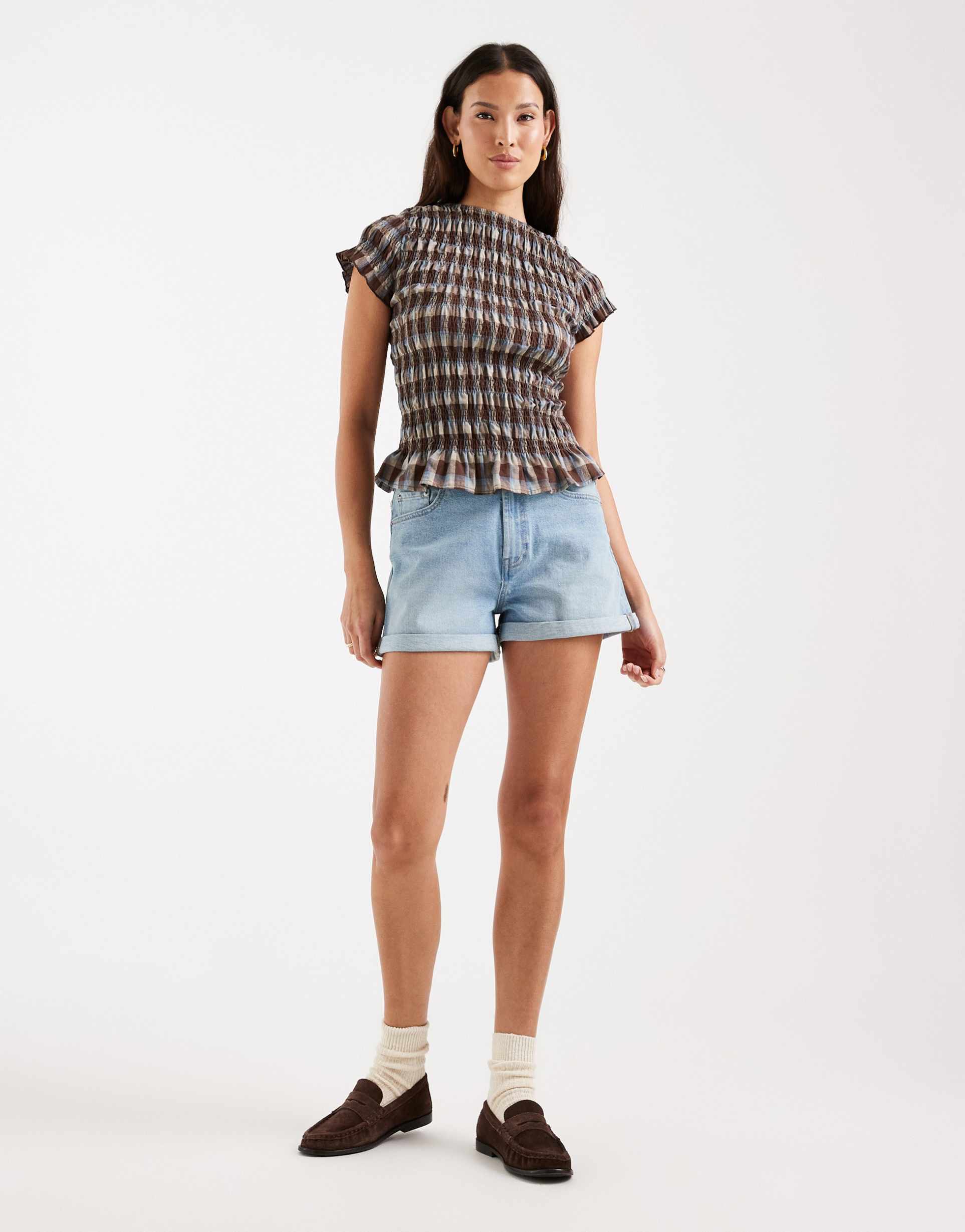 asos design denim comfort mom shorts in mid blue