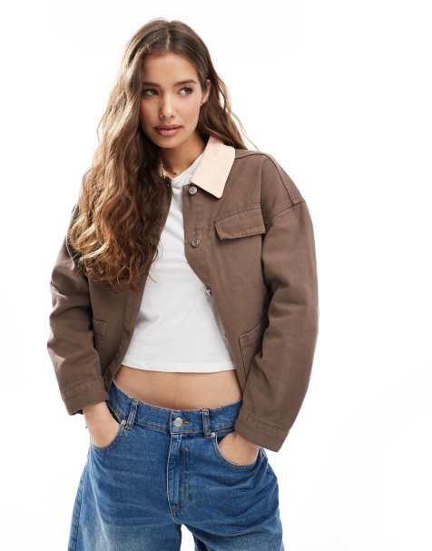 ASOS DESIGN denim contrast collar barn jacket in brown - view 1