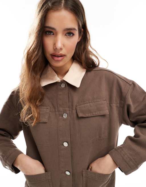 ASOS DESIGN denim contrast colour barn jacket in brown, 3 of 4