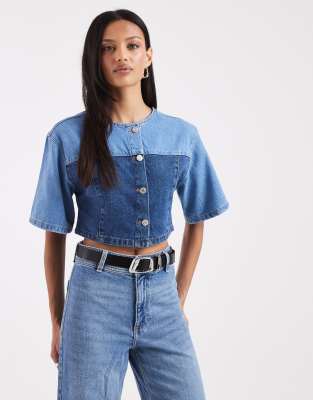 Asos Design Denim Contrast Panel Button Up Top In Multi