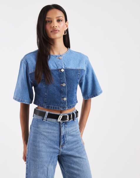 ASOS DESIGN denim contrast panel button up top in mid blue