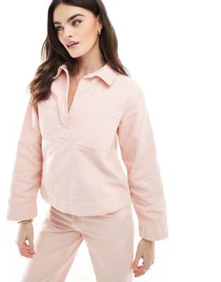 Asos Design Denim Cord Rugby Shirt In Pink-brown