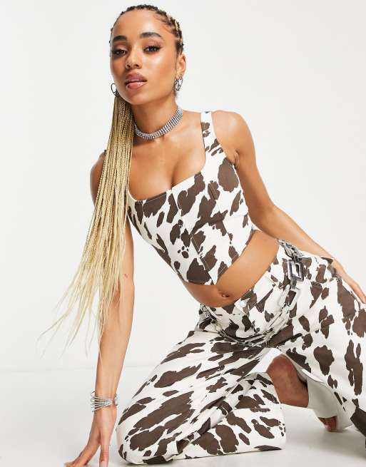 ASOS DESIGN denim corset in mono cow print (part of a set), 3 of 4
