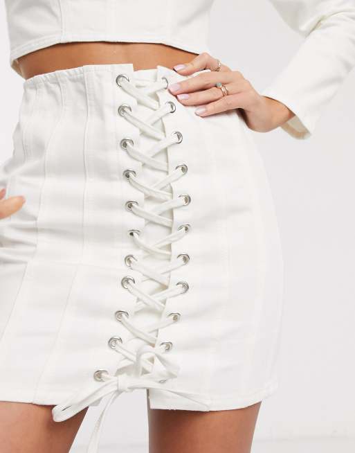 ASOS DESIGN denim corset lace up skirt co ord in white