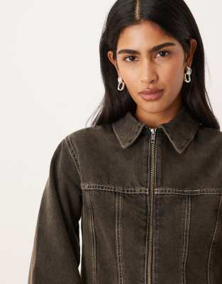 Asos Design Denim Corset Shirt Jacket In Brown