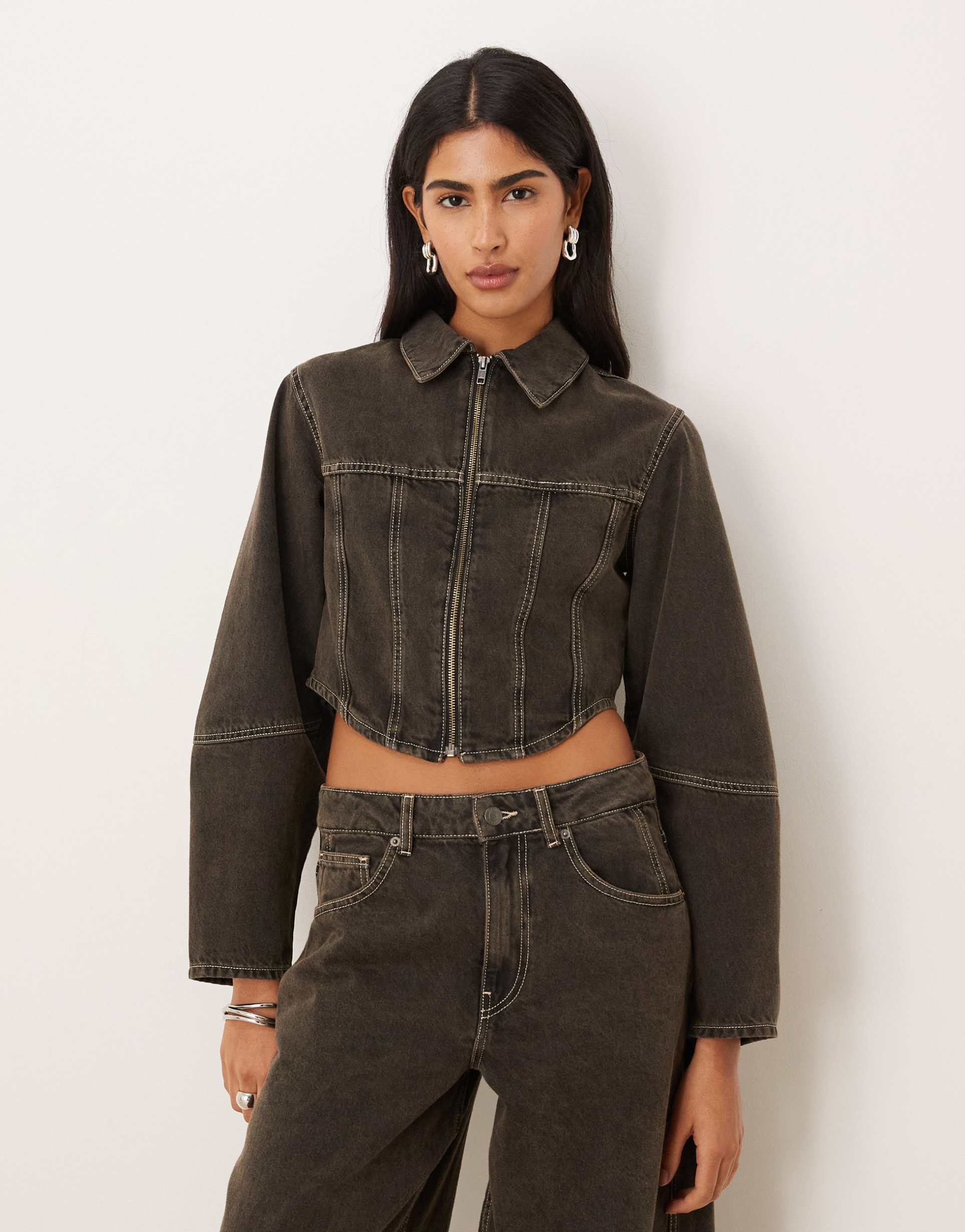 asos design denim corset shirt jacket in brown - part of a set