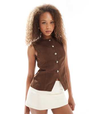 Asos Design Denim Crew Neck Vest In Brown