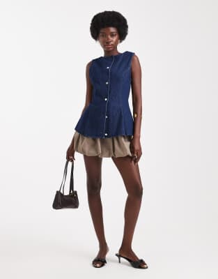 ASOS DESIGN denim crew neck vest with peplum pleat detail in rinse-Blue