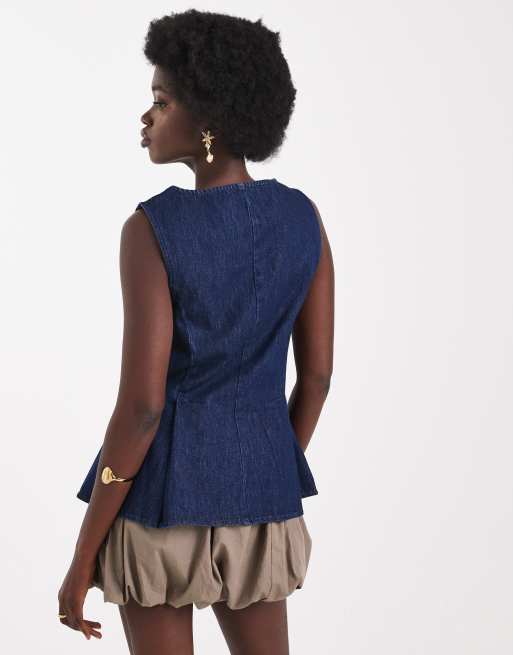 ASOS DESIGN denim crew neck vest with peplum pleat detail in rinse, 3 of 4