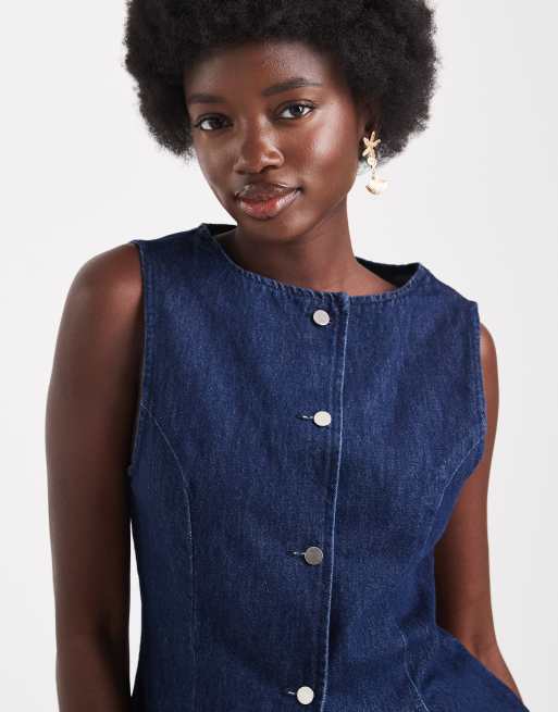 ASOS DESIGN denim crew neck vest with peplum pleat detail in rinse, 4 of 4