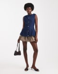 [ASOS DESIGN] ASOS DESIGN denim crew neck waistcoat with peplum pleat detail in rinse-Blue 14 Rinse