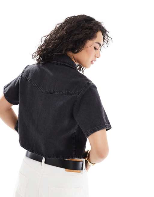 ASOS DESIGN denim crop shirt in black, 4 of 4