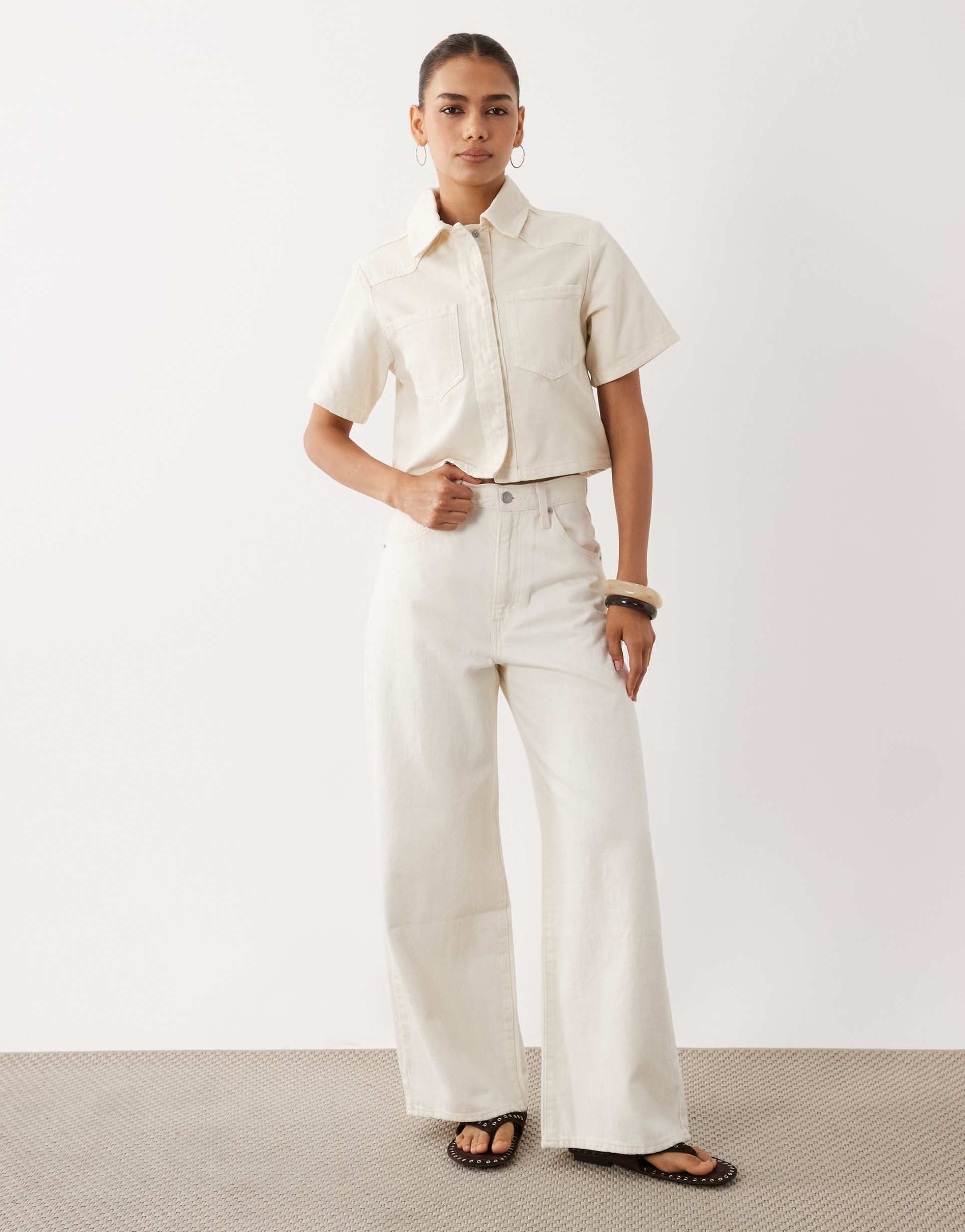 asos design denim crop shirt in ecru