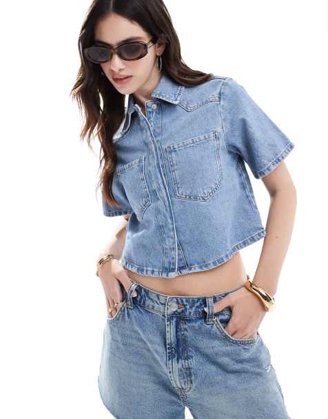 ASOS DESIGN denim crop shirt in light wash - view 1