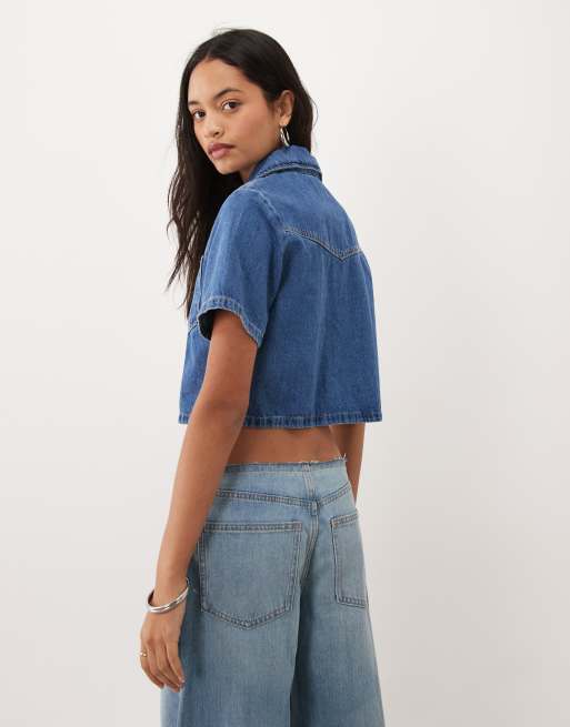 ASOS DESIGN denim crop shirt in mid blue, 3 of 4