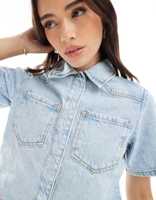 ASOS DESIGN denim crop shirt in pale wash