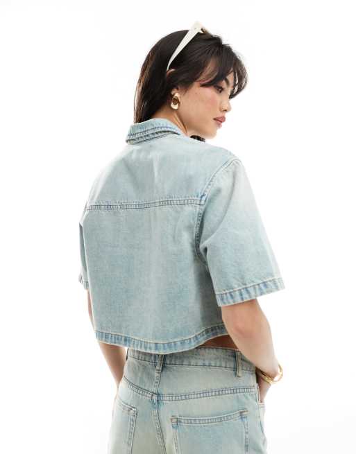 ASOS DESIGN denim crop shirt in vintage wash co-ord , 3 of 4