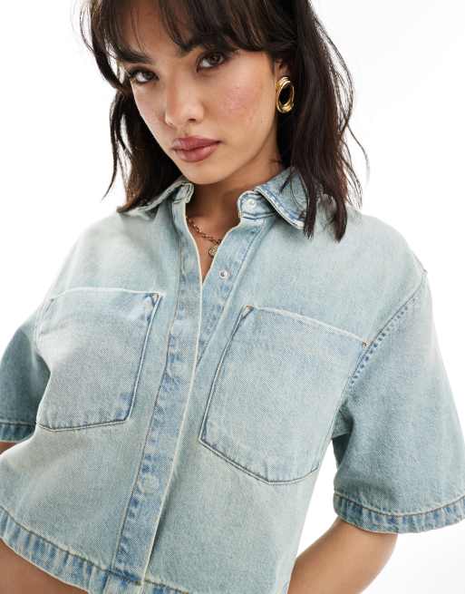 ASOS Design Denim Crop Shirt in Clean Blue Wash Part of A Set