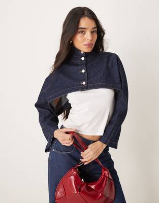 denim cropped funnel neck jacket indigo-Blue