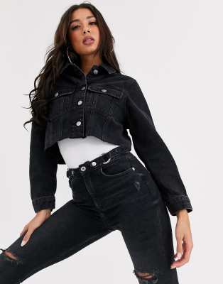 asos design denim girlfriend jacket in washed black
