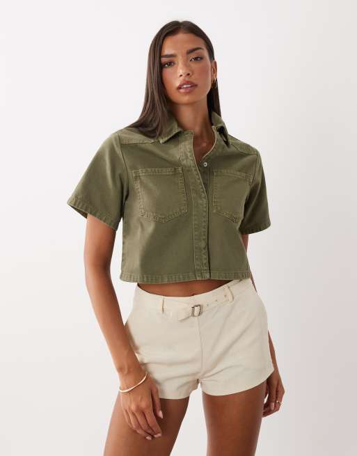 ASOS DESIGN - Denim cropped overhemd in kaki, 3 van 4