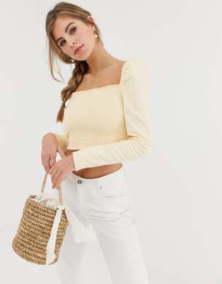 ASOS DESIGN denim cropped shirred top in lemon yellow-Stone