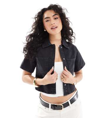 Asos Design Denim Cropped Shirt In Black