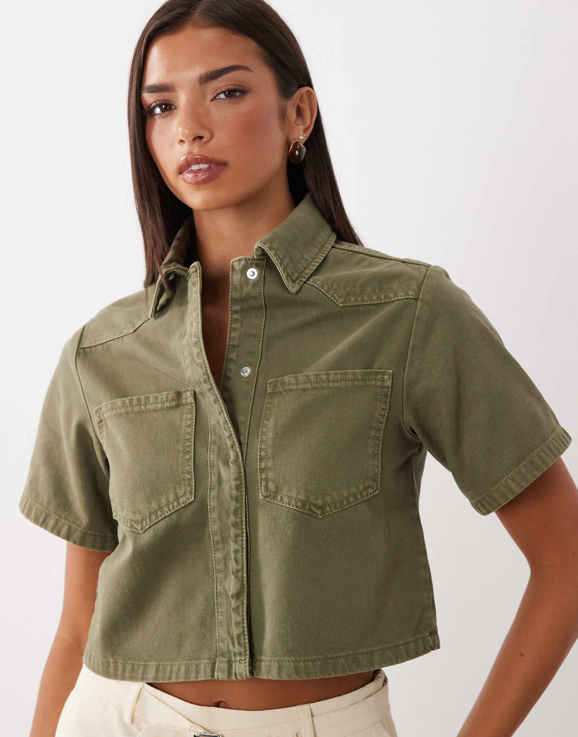 asos design denim cropped shirt in khaki green
