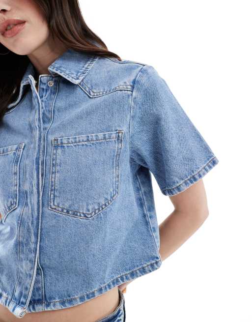 ASOS DESIGN denim cropped shirt in light wash, 3 of 4
