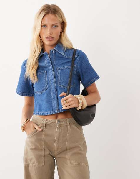 ASOS DESIGN denim cropped shirt in mid blue - view 1